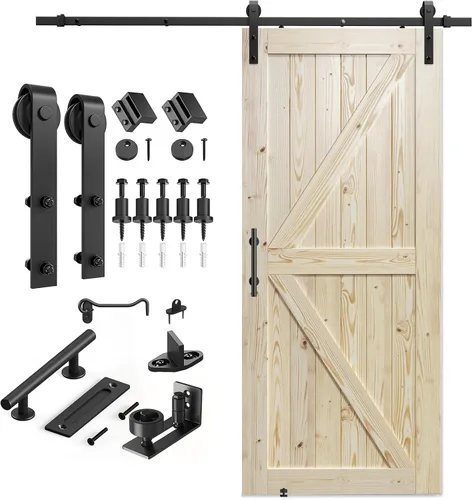 Miniatura 7 de SMARTSTANDARD Puerta corredera de granero de 28 x 84 pulgadas con kit de herrajes para puerta de granero de 5 pies incluido, puerta de madera