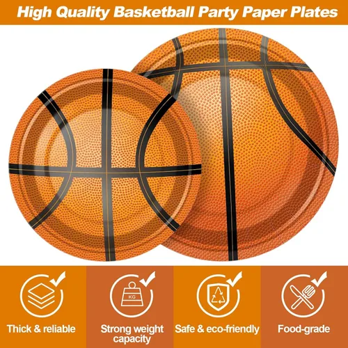Miniatura 3 de durony 60 platos de papel de baloncesto desechables para fiestas de 7 pulgadas y 9 pulgadas, platos de postre para decoración de fiestas