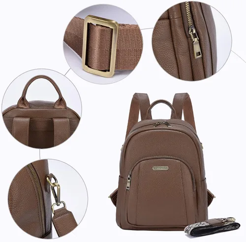Miniatura 5 de Blofinche Pequeña mochila de cuero genuino para mujer, bolso convertible de diseñador para mujer, antirrobo, para el trabajo, casual, #1 Caqui mate