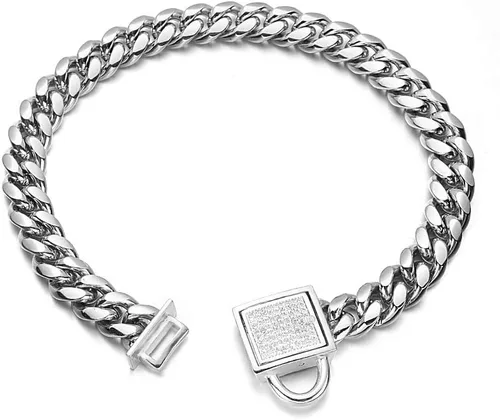 Miniatura 8 de Collar de cadena dorado para perro de 10mm de ancho, collar de eslabones cubanos para cachorros, acero inoxidable 316L con cierre de diamante CZ