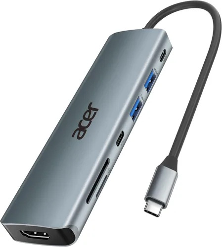 Acer Hub USB C, Adaptador Multipuerto 7 en 1 para Laptop, 4K, Divisor HDMI con 2 USB A 3.1 y Puerto de Datos Type-C a HDMI, Carga PD de 100W, Lector