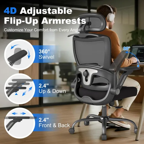 Miniatura 4 de Silla de oficina ergonómica, silla de escritorio con respaldo alto con brazos abatibles, reposacabezas, soporte lumbar ajustable, bloqueo