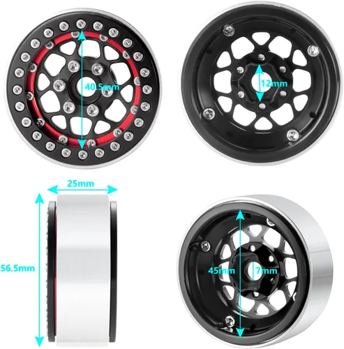 Miniatura 2 de Llantas Beadlock de 1.9 pulgadas, 4 unidades, juego de llantas de metal para 1/10 Axial Scx10 TRX-4 D90 CC01 90034 RC Crawler Car (negro y rojo)
