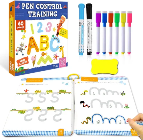 Actividades de Aprendizaje Preescolar 60 Páginas Reutilizables, Libro de Práctica de Escritura de Letras y Números para Niños, Juguetes de