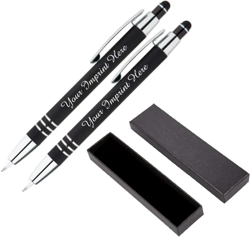 ExpressDesigns™ - Set de regalo de bolígrafos personalizados - Paquete de 2 | Linterna LED de metal suave al tacto con caja de regalo | Bolígrafo de