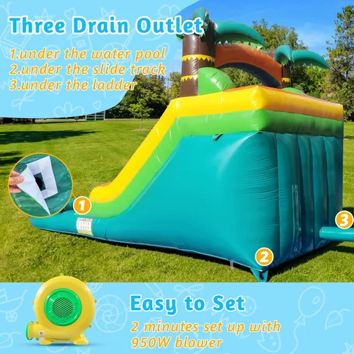 Miniatura 7 de Tobogán acuático comercial, tobogán acuático grande de 21 pies para niños y adultos con potente soplador de 950 W y tubo de agua, toboganes