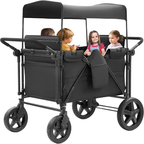 Cochecito para 4 niños, cochecito de 4 plazas con 4 asientos altos con arneses de 5 puntos y toldo ajustable, cochecito plegable de doble barra de