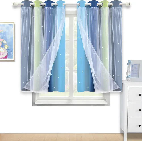 Miniatura 21 de Cortinas opacas con recorte de estrellas y arcoíris para guardería/habitación de niños/niñas, con superposición de tul, 2 paneles, cada una de 52