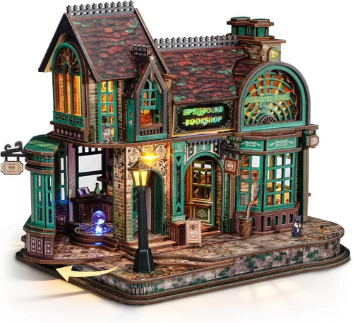 FUNPOLA Rompecabezas de madera 3D con luces LED, kit en miniatura de bricolaje, librería hechizada, exhibición de decoración del hogar, regalo