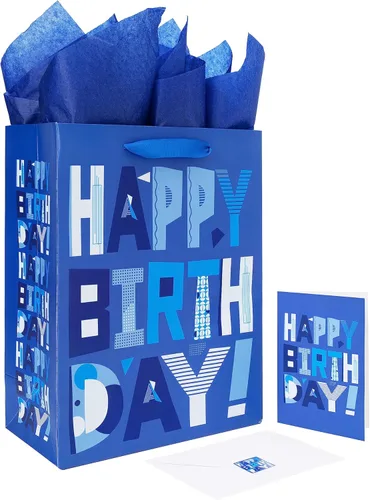 wishinside Juego de bolsas de regalo azules grandes de 13 pulgadas con tarjeta de felicitación y papeles de seda (feliz cumpleaños azul) para fiesta