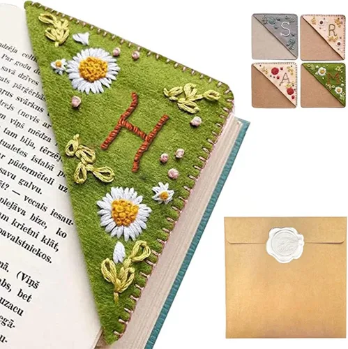 Miniatura 37 de Marcapáginas de esquina bordado a mano personalizado, 26 letras con costura a mano de fieltro, marcapáginas de esquina con bordado de flores lindo
