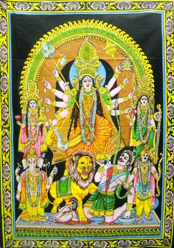 CraftsofIndia® Goddess Durga Killing Mahishasura Sequins sitara - Pintura de algodón para colgar en la pared, tamaño 43 x 30 pulgadas