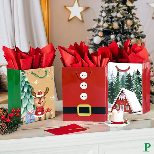 Miniatura 2 de Party Funny Juego de 24 bolsas pequeñas de regalo de Navidad a granel con asas, 26 papel de seda y 60 etiquetas de regalo de Navidad, 24 diseños