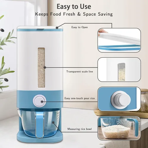 Miniatura 2 de Lenwi Dispensador de arroz de 22 a 25 libras, recipientes grandes de almacenamiento de alimentos secos de cereales con taza medidora, sin BPA