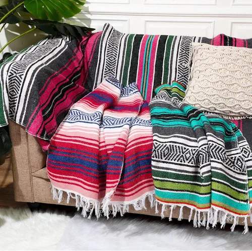Miniatura 6 de Oudain - Paquete de 3 mantas mexicanas de 45 x 70 pulgadas, manta tejida de sarape Baja para playa, picnic, camping, decoración bohemia para sofá