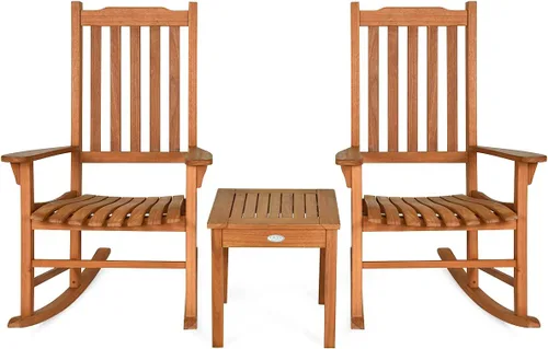 Juego de 3 sillas mecedoras, muebles de madera para exteriores con dos sillas de conversación y mesa decorativa, juego de balancines para patio