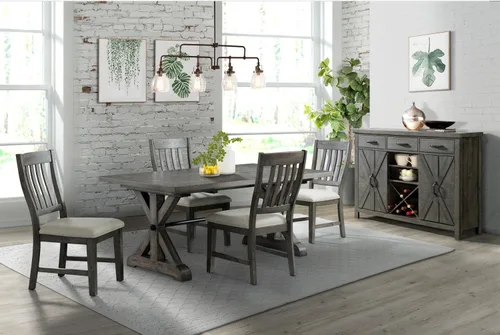 Miniatura 2 de Sunset Trading Gray Trestle - Juego de comedor de 6 piezas Mesa rectangular extensible de 96 pulgadas Servidor con estante para vino Madera