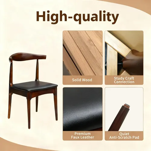 Miniatura 4 de Juego de 2 sillas de comedor de madera maciza, diseño moderno de espina de horquilla de mediados de siglo con elegante tapicería de cuero, sillas