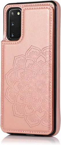 Funda tipo cartera para Galaxy S20 de 6.2 pulgadas con tarjetero y diseño de mandala en relieve de piel sintética con correa para la muñeca, doble