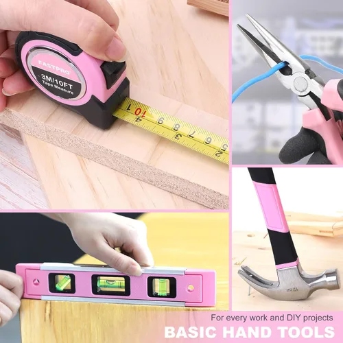 Miniatura 7 de FASTPRO Juego de herramientas para el hogar y taladro de iones de litio inalámbrico de 177 piezas de 20 V rosa con taladro en estuche
