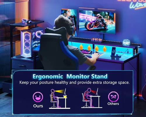 Miniatura 8 de Casaottima - Escritorio de 52 pulgadas para juegos con puertos de carga USB y luz LED - Escritorio reversible para computadora con 3 cajones