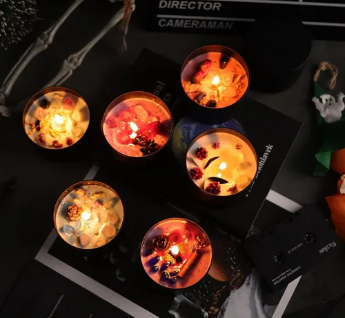 Miniatura 2 de Paquete de 12 tarros de velas, latas de velas de 4 onzas con tapas de impresión de grano de madera de metal, tarros de velas de metal vacíos