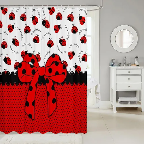 Miniatura 2 de Manfei Cortinas de ducha para niños con lazo de dibujos animados, diseño de mariquita, escarabajo, insecto, niñas, niños, cortinas impermeables