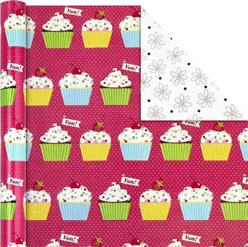 Miniatura 6 de Hallmark Rollos de papel de regalo de cumpleaños, papel de regalo colorido, flores, cupcakes, rayas, lunares