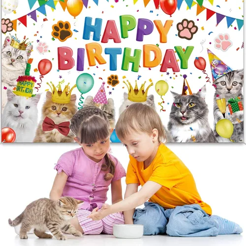 Miniatura 6 de Tatuo Telón de fondo de feliz cumpleaños de 5.9 x 3.6 pies, decoración de cumpleaños de gato, temática de gatito, fondo de fotos, fondo