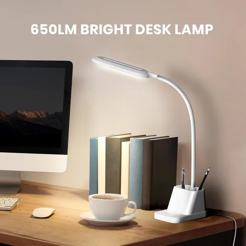 Miniatura 2 de AXX - Lámpara LED blanca de escritorio con puerto de carga USB, luz de mesa con cuello de cisne flexible, 650 lm, soporte para teléfono, soporte