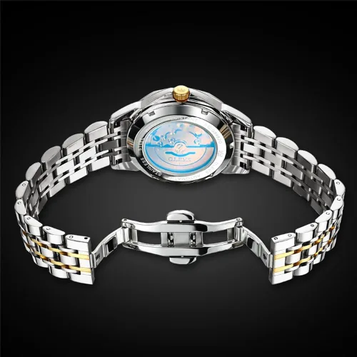 Miniatura 37 de OLEVS Reloj de pulsera automático con diseño de esqueleto para hombre, de lujo, con diamantes de lujo, de acero inoxidable, calendario, reloj