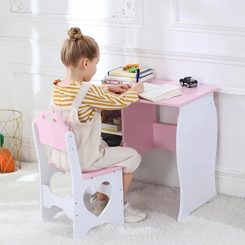 Miniatura 2 de Juego de escritorio y silla para niños, escritorio de estudio para niños con estante de almacenamiento, mesa de estudio escolar de madera, mesa