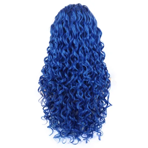 Miniatura 4 de Pelo rizado largo 26 pulgadas azul medio atado a mano realista densidad densidad sintético encaje frente pelucas