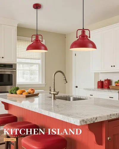 Miniatura 3 de Paquete de 2 luces colgantes rojas de granja, luces metálicas para isla de cocina, lámpara colgante vintage industrial para cocina, sala de estar
