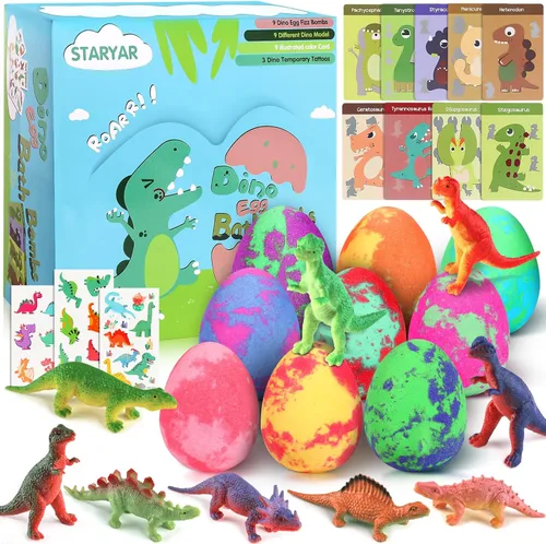 Bombas de baño para niños con juguetes sorpresa en el interior, paquete de 9 bombas de baño de dinosaurios, juguetes de dinosaurio para niños de 3,