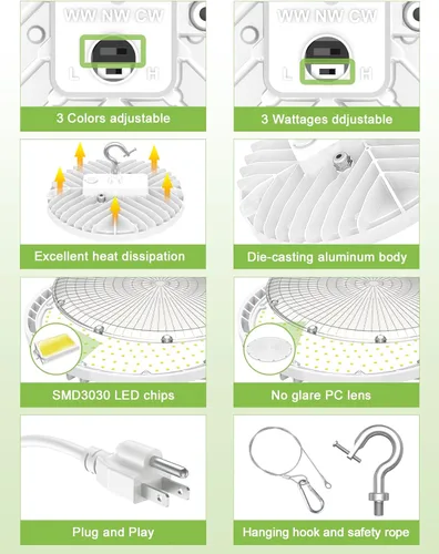 Miniatura 7 de KUKUPPO Luz LED de alta bahía de 150 W, 120 W, 90 W, ajustable, 4500 K, 5000 K, 5700 K, luz LED de alta bahía con enchufe para almacén de fábrica
