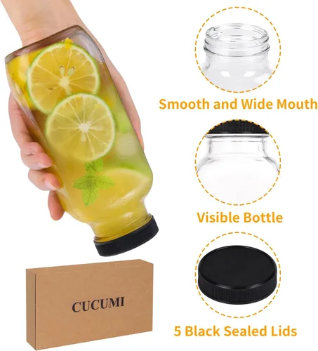 Miniatura 4 de CUCUMI 5 botellas de jugo de vidrio de 16 onzas con tapas, recipientes reutilizables para jugo, tarros de agua con cepillo, popotes de vidrio, tapas