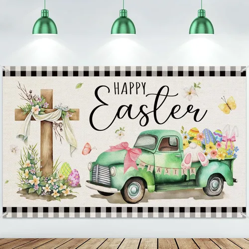 Miniatura 12 de Moukeren Decoraciones de telón de fondo de Pascua con texto en inglés «He is resucitado», pancarta de fotografía con cruz de Jesús, fondo de flores