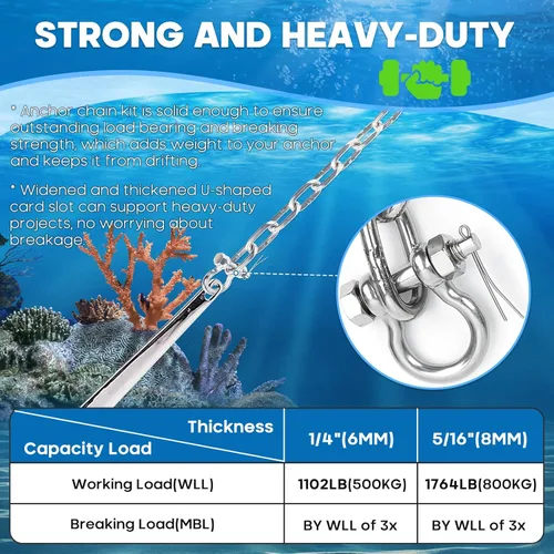 Miniatura 6 de 1/4" or 5/16 Chain for Boats, 316 Stainless Steel Boat Anchor Chain Kit, Marine Grade Anchor Lead Chain w/ 2 Pcs Anti-Off Double Shackle Link Ends
