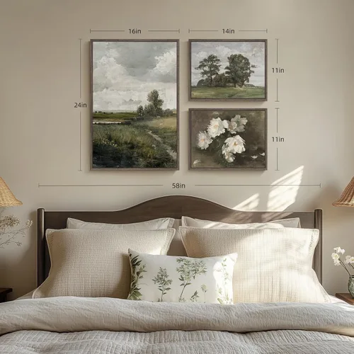 Miniatura 2 de 3 piezas de arte de pared en lienzo con marco vintage, gran impresión de granja de paisaje floral verde y árbol, obra de arte retro floral francesa