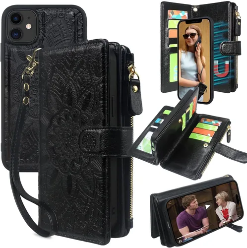 Harryshell Cartera con cremallera magnética desmontable Funda de cuero con bolsillo para efectivo con ranuras para tarjetas, correa de muñeca para