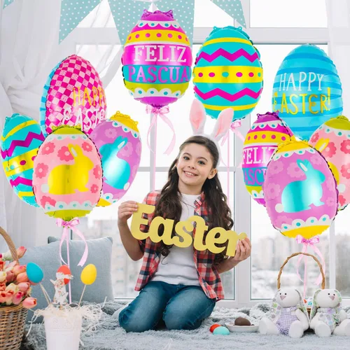 Miniatura 6 de 20 globos de huevo de Pascua, globos de papel de aluminio de feliz Pascua, globo de huevo Mylar para suministros de decoración de fiestas