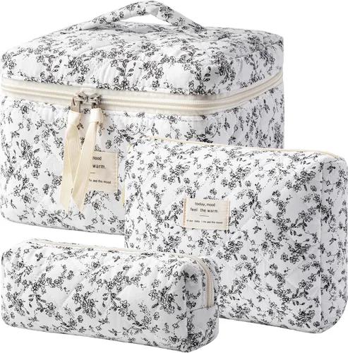 Miniatura 26 de HBselect Bolsa de maquillaje acolchada, 3 piezas de algodón grande, bolsa de maquillaje de viaje, bonita bolsa de maquillaje floral de coqueta