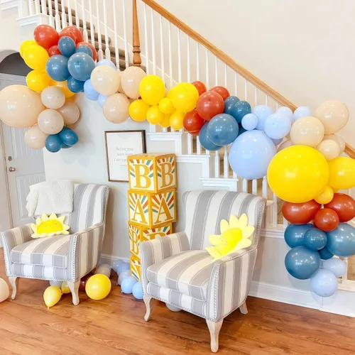 Miniatura 3 de Here Comes the Son - Kit de arco de globos, guirnalda de globos retro azul amarillo bohemio con mostaza, amarillo, pastel, azul, arena, blanco