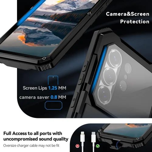 Miniatura 5 de Simicoo Funda de metal militar resistente compatible con Samsung Galaxy S26 Ultra protección contra caídas, cubierta de metal resistente con Negro