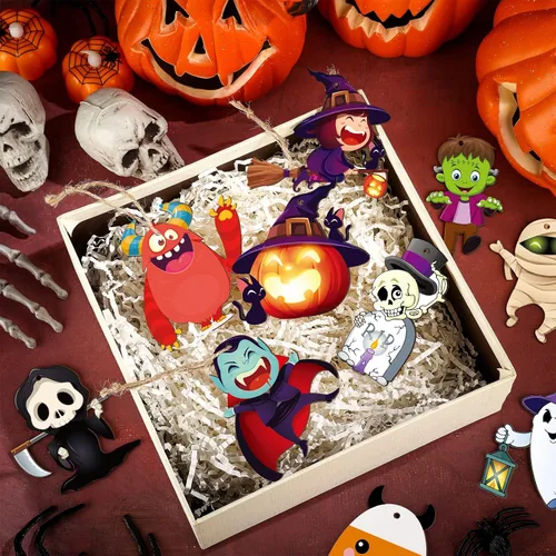 Miniatura 3 de Gerrii 40 adornos de Halloween de madera para decoración de árbol de Halloween, calabaza, fantasma, bruja, esqueleto, mini adornos colgantes