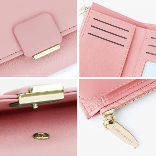 Miniatura 5 de Cartera pequeña para mujer, tarjetero de piel sintética, bloqueo RFID, con triple pliegue, sobre con cremallera, monedero, rosa ( B - Pink ), Moda