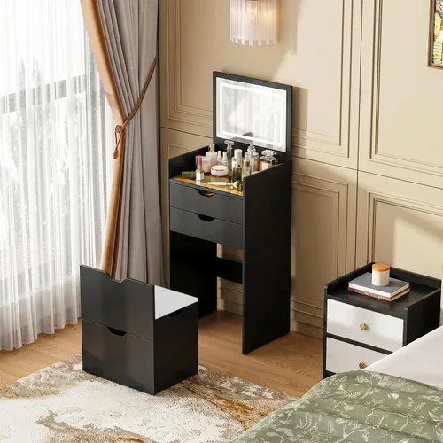 Vanity Desk with Mirror and Lights, Vanity Table Set with Storage Drawer, Bedroom Dressing Table with Charging Station, Small Makeup Vanity Desk,
