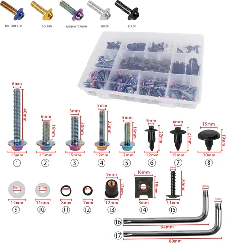 Miniatura 7 de BAIONE Juego de 195 pernos de carenado de acero inoxidable M5 M6 para motocicleta, tornillos de parabrisas de carenado, sujetadores universales