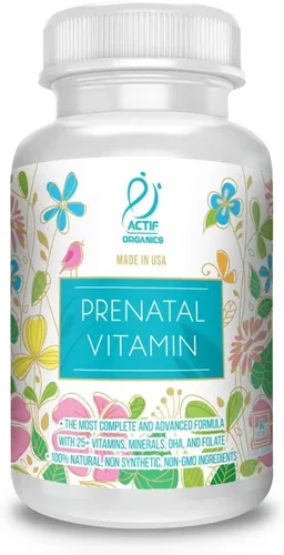 Actif Vitamina prenatal orgánica con más de 25 vitaminas orgánicas, 100% natural, DHA, EPA, Omega 3 y mezcla de hierbas orgánicas, sin OMG, 90